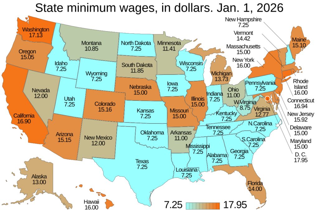 minimum wage by state map 2026 federal vs state rates