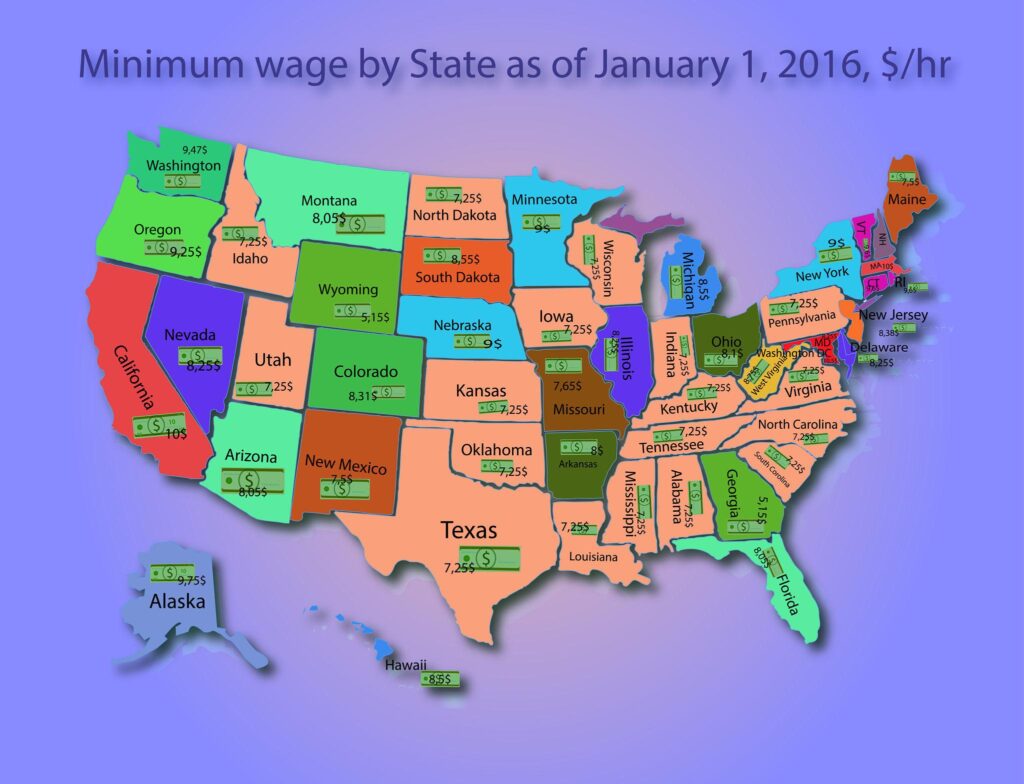 2026 minimum wage by state comparison map in the United States